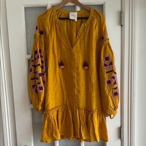 Eleven March 11 100% Linen Mustard Mini Dress XS 
Pockets Snaps Travel Boho